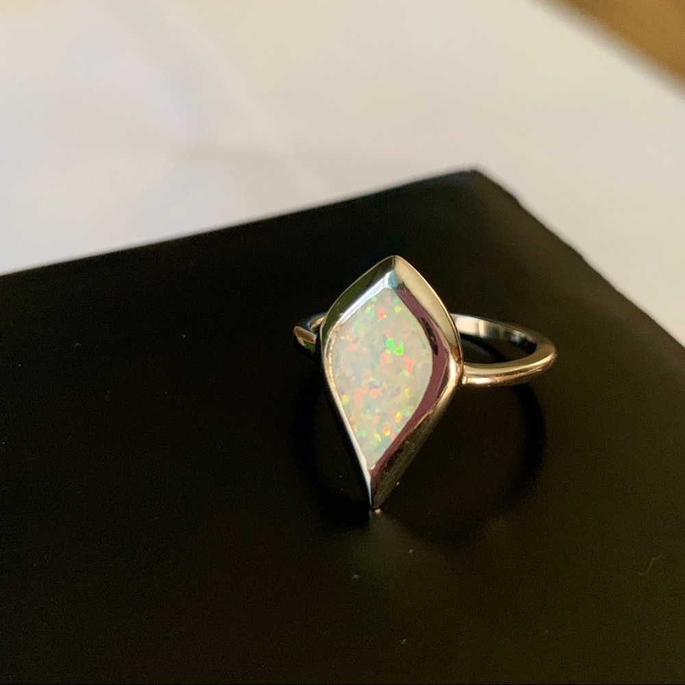 Lab white opal sterling silver ring